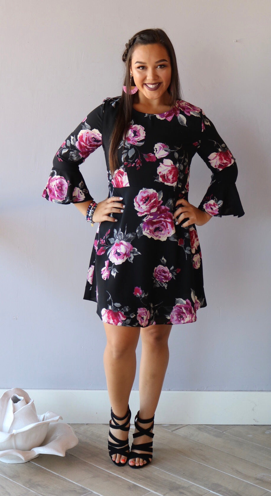 INFLUENCE Floral 3/4 BellSleeve Fit & Flare Dress
