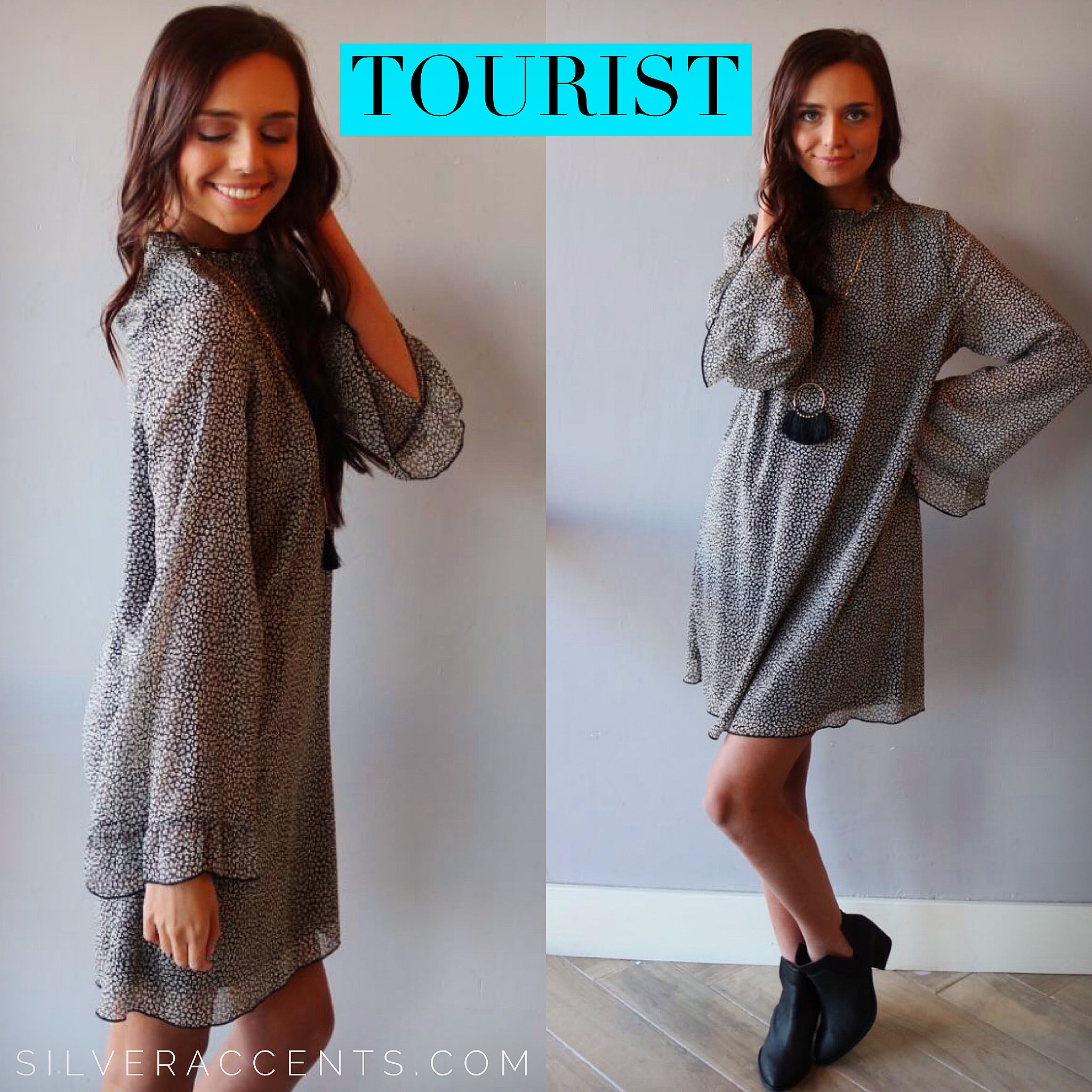 TOURIST Cheetah Ruffle MockNeck Chiffon Dress