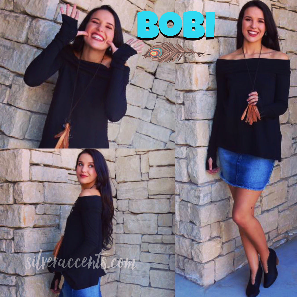 BOBI Foldover BYPASS OffShoulder Thumbhole Flare Jersey Top