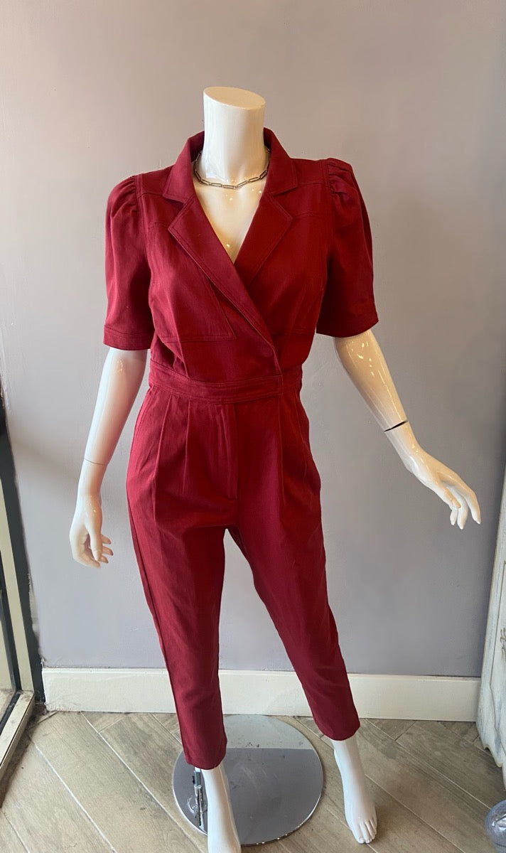 GAMETIME Puff~Sleeve Denim Wrap Jumpsuit