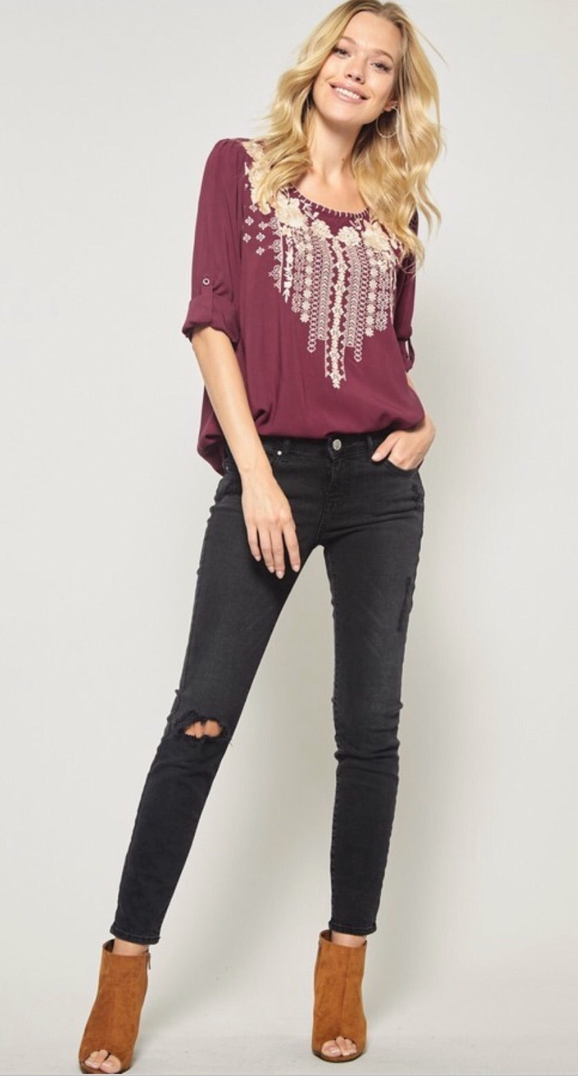 KYLER Embroidered Roll Sleeve Scoop Hem Top