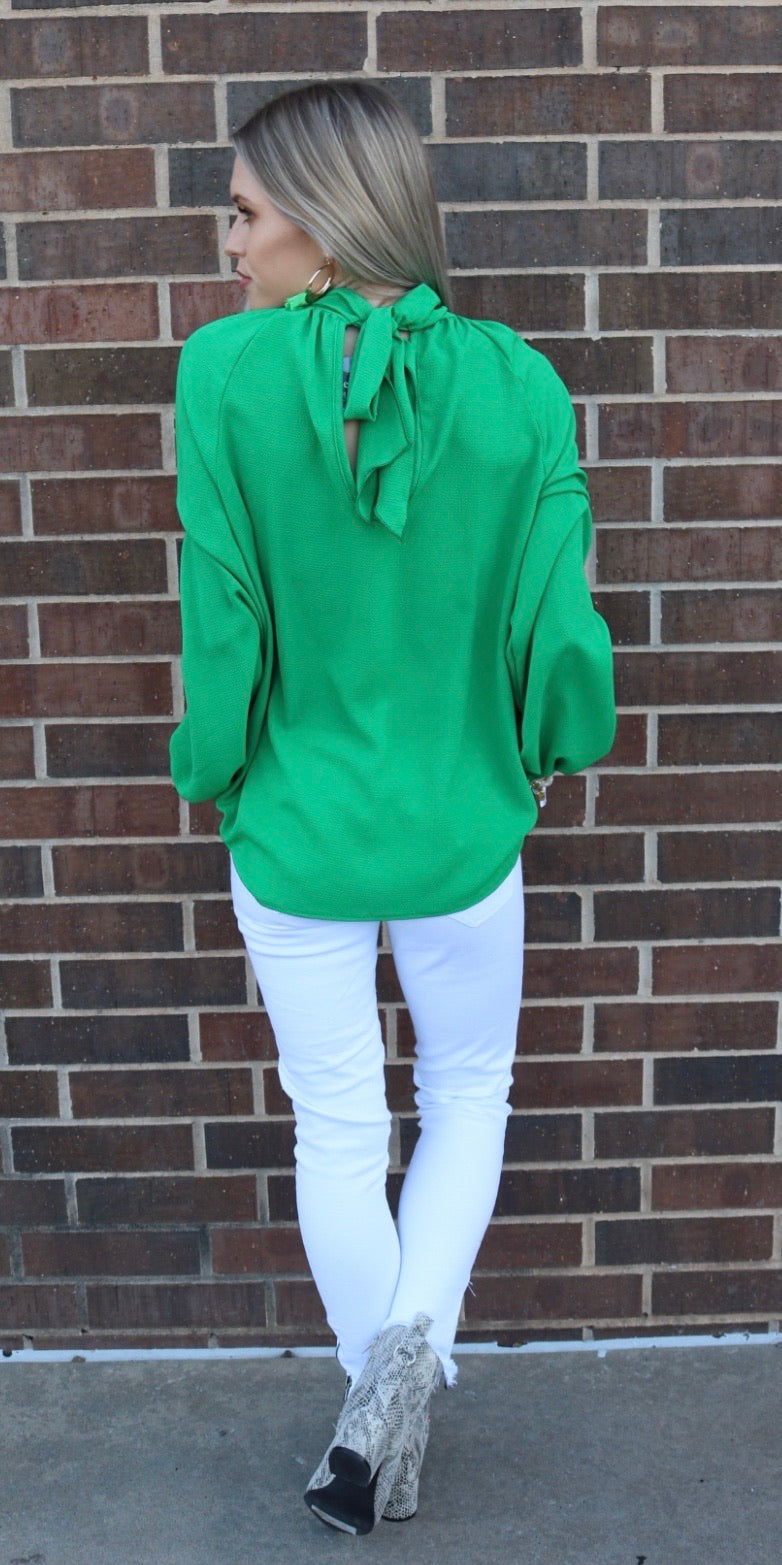 ENCHANTED HiNeck Tie KeyHole Back LongSleeve Top