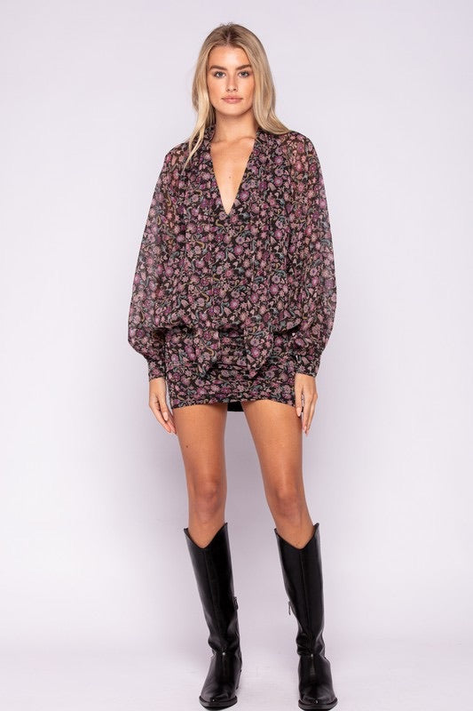 *JEM Floral LongSleeve Wrap Bodycon Skirt Dress