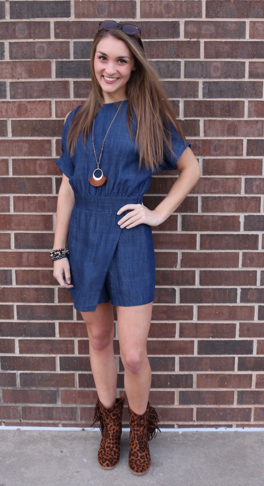 TCEC Denim FORESIGHT Slit Sleeve Faux Wrap Short Romper