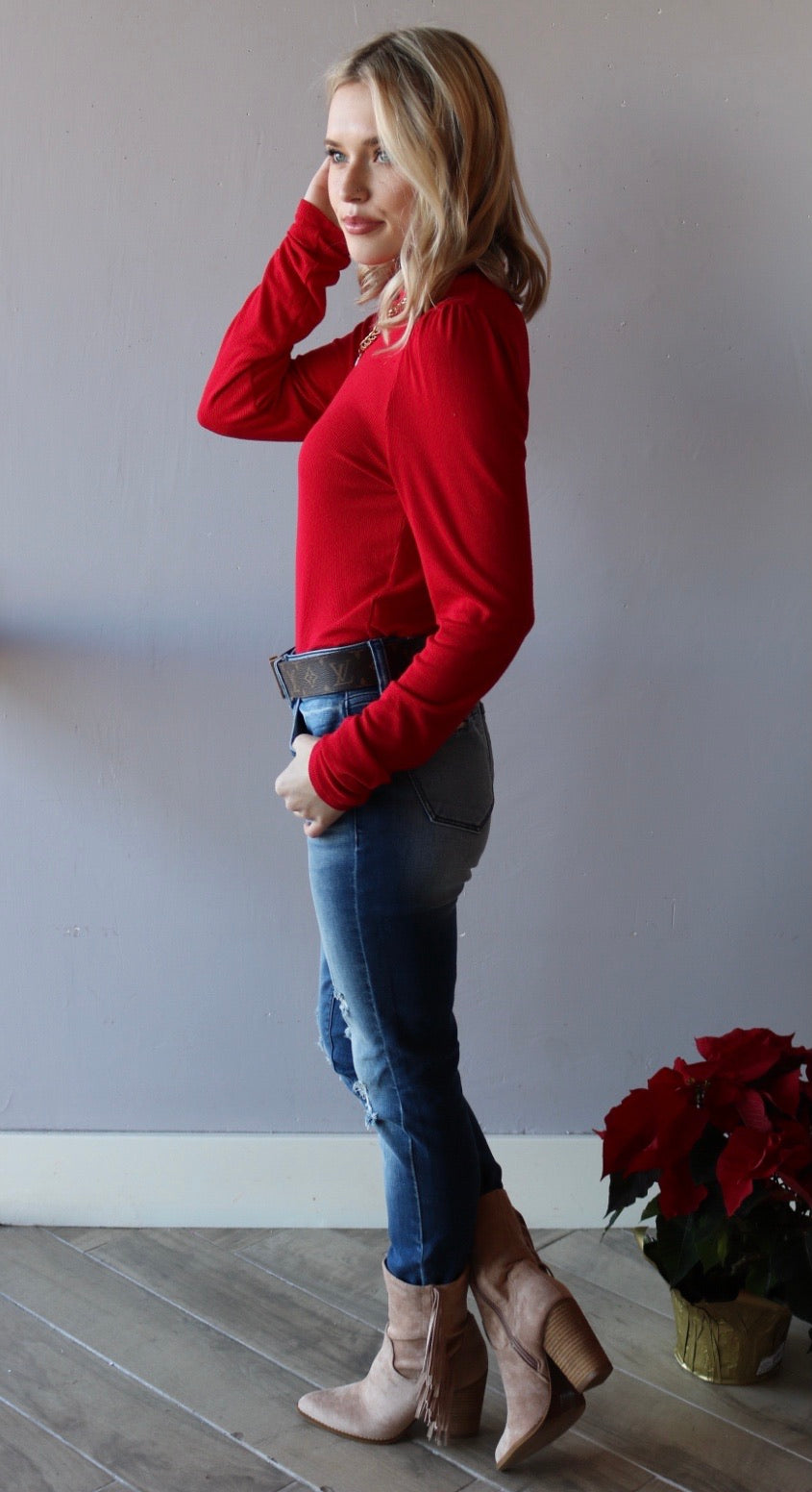 MICHAEL STARS RibKnit ESME MockNeck PuffSleeve Top