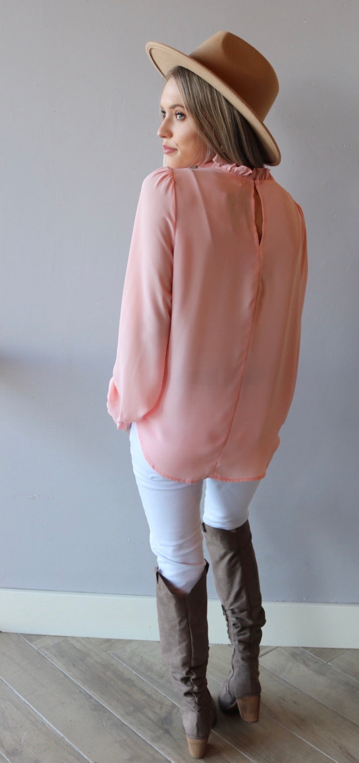 Main Strip PERSPECTIVE Ruffle HiNeck/Sleeve Chiffon Top