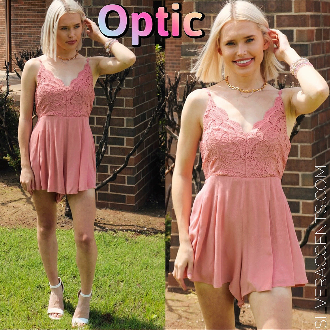 WISHLIST APPAREL OPTIC Lace Bodice Cross Back PleatShort Romper