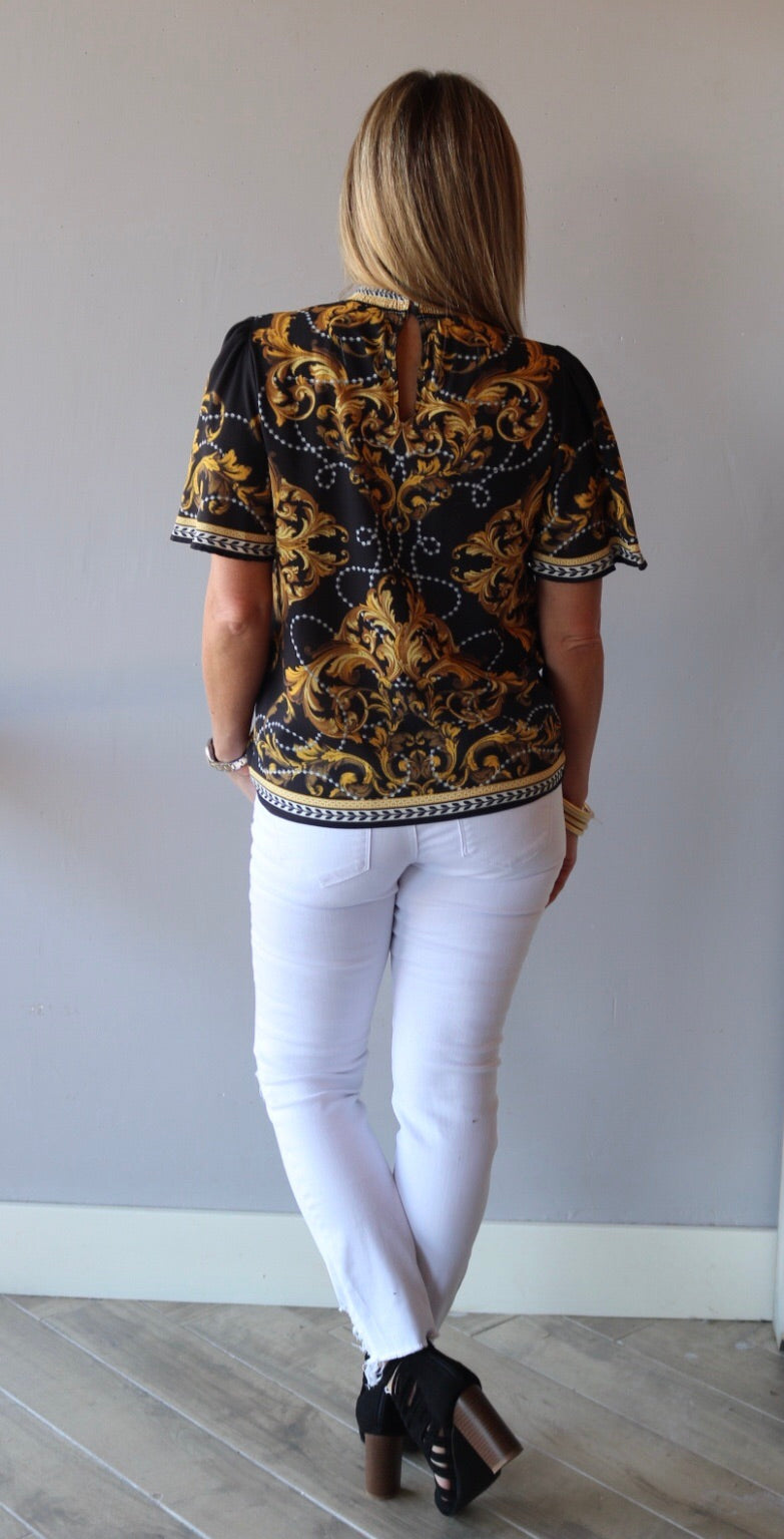 HIERARCHY Baroque Border Floral SmockNeck ShortSleeve Top