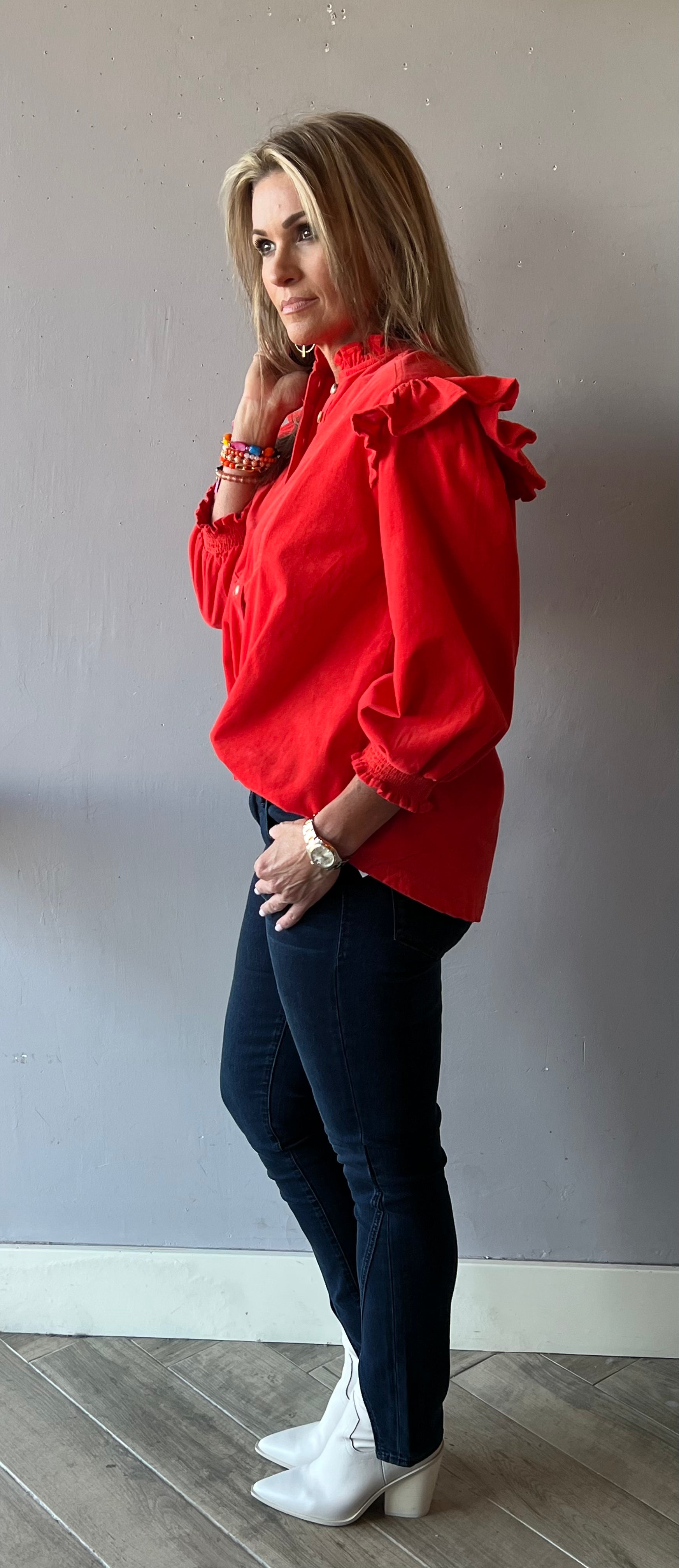 IVY JANE Corduroy FRIDAY Flounce~Shoulder ButtonDown Top