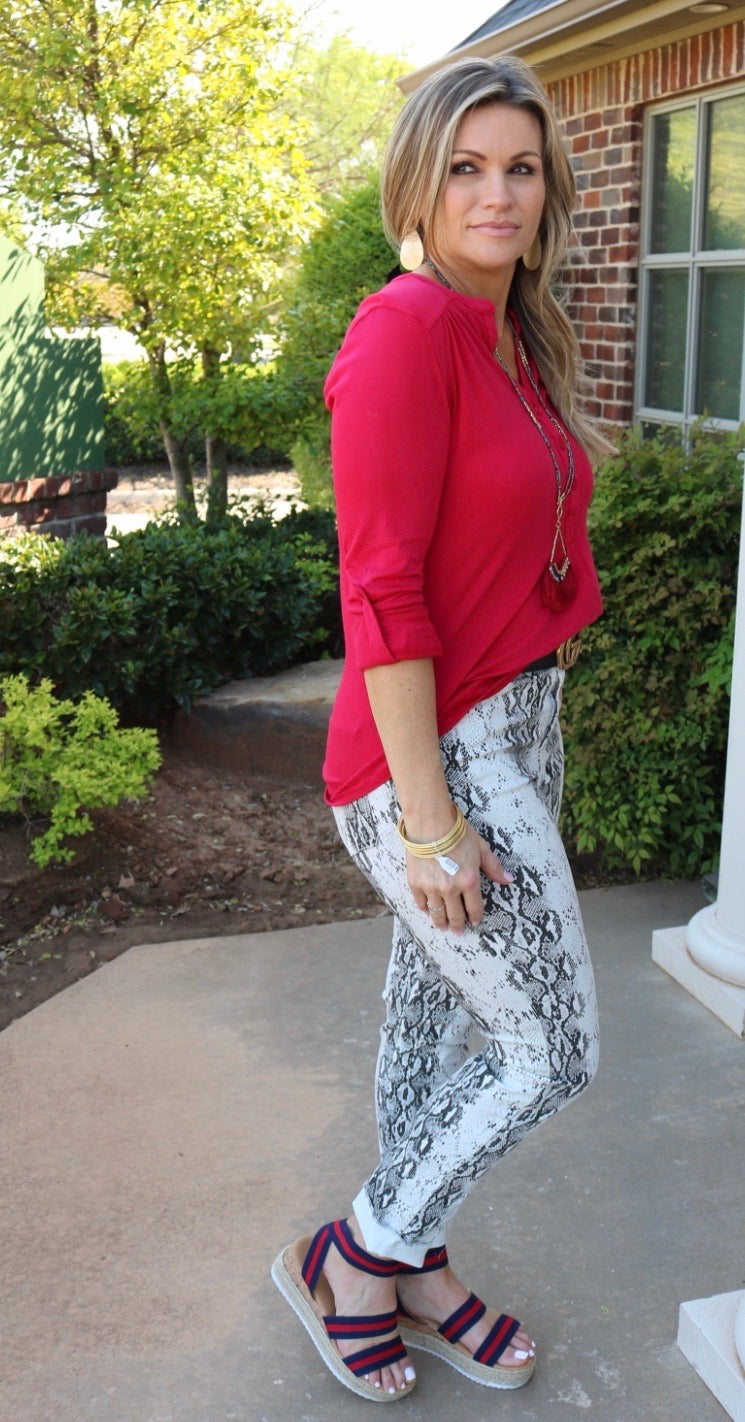 BOBI Crimson CLARITY Shirred Button HenleyNeck Jersey Top