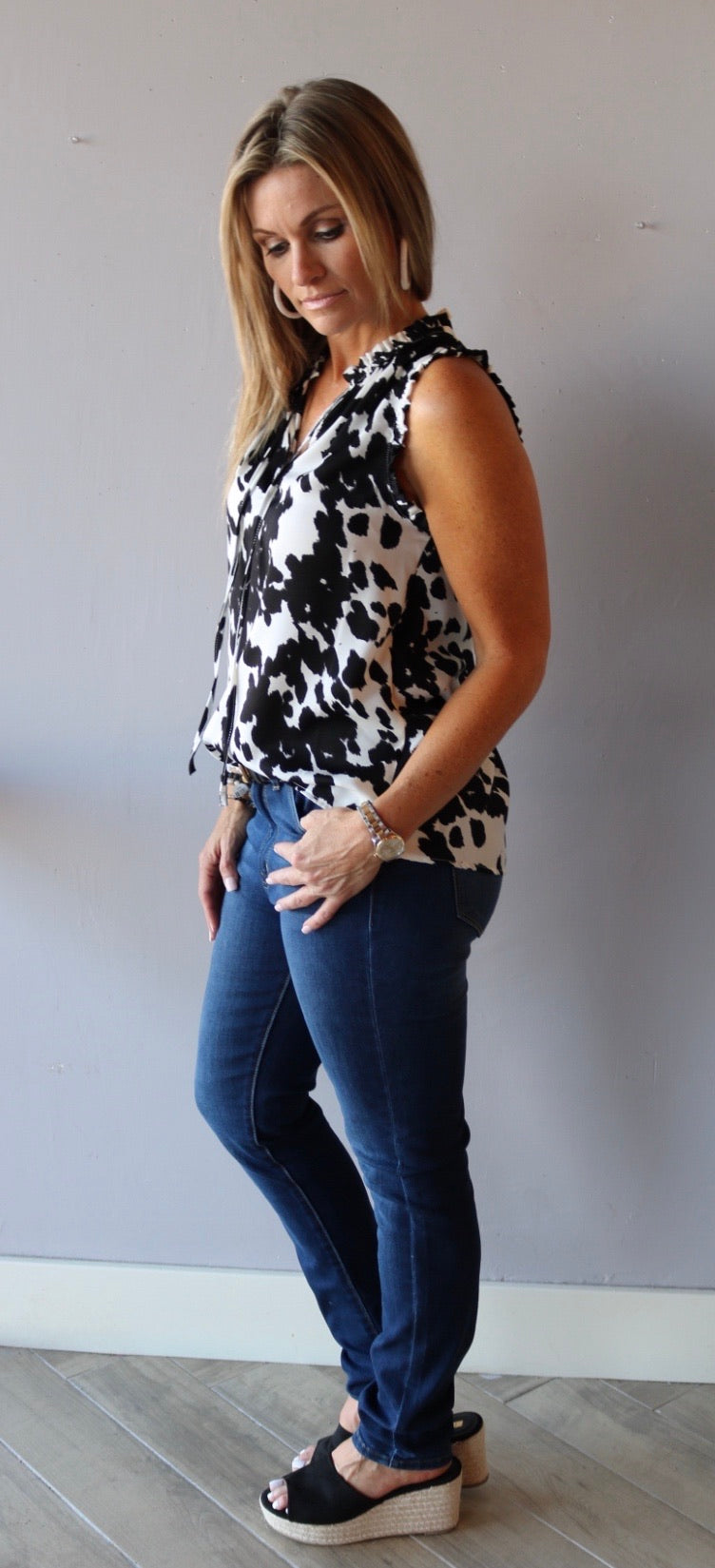 TAURUS Animal Print RuffleNeck TieFront Top