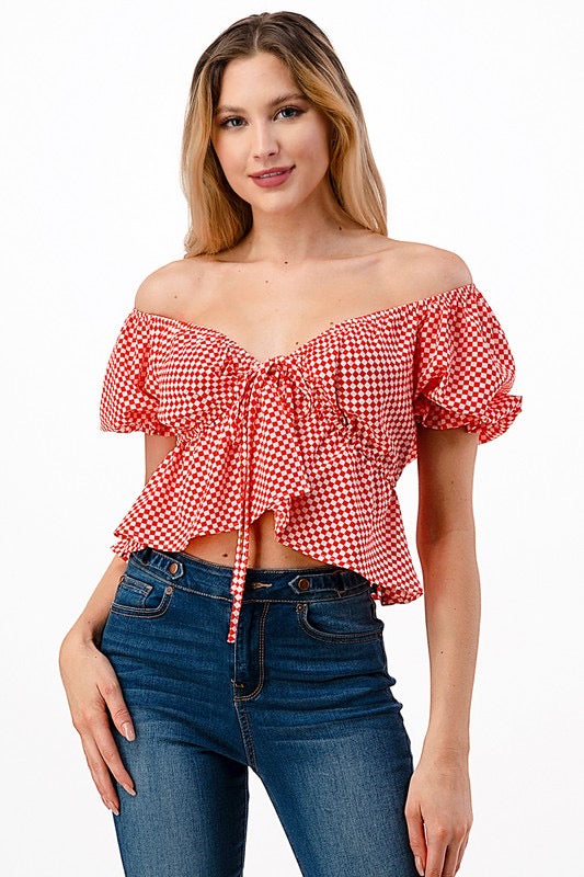 *TAILGATE Check TieFront V-Neck PuffSleeve Top