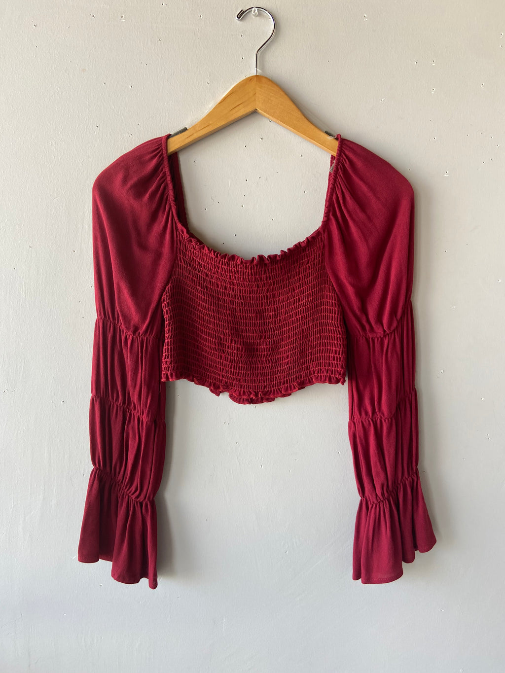 Blue Blush SWAGGER Smock Off Shoulder Bell Sleeve Crop Top