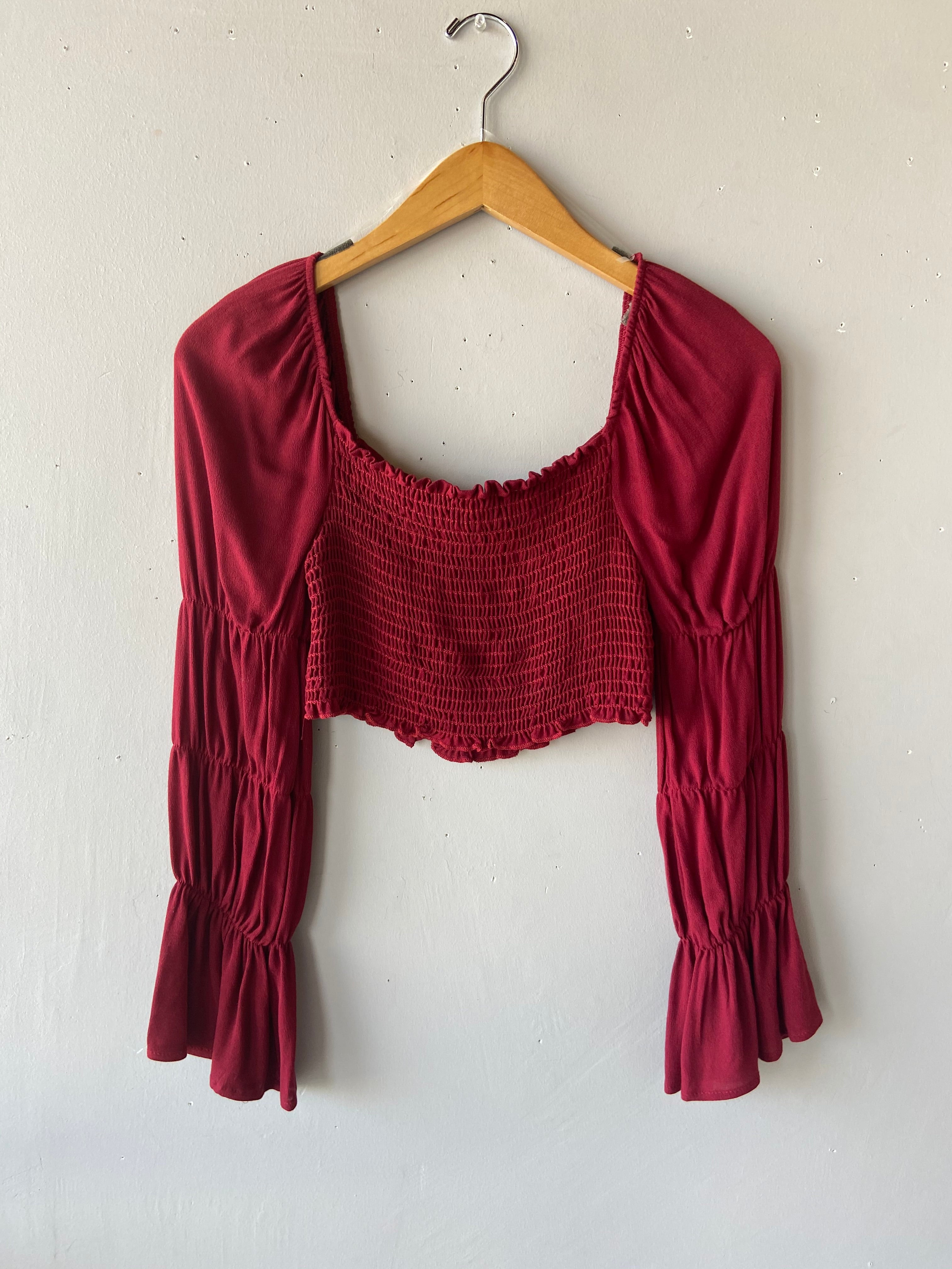 Blue Blush SWAGGER Smock Off Shoulder Bell Sleeve Crop Top