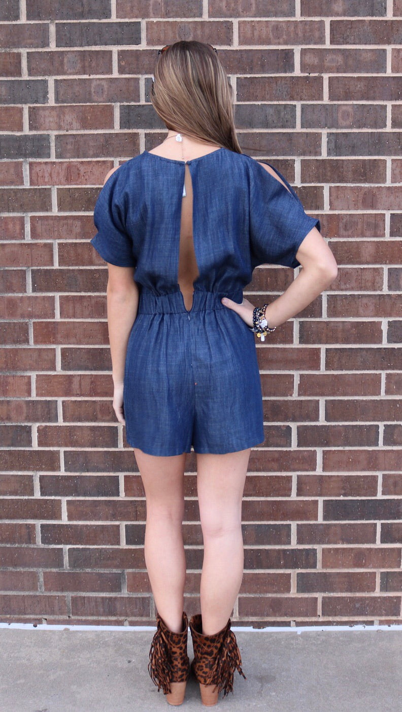 TCEC Denim FORESIGHT Slit Sleeve Faux Wrap Short Romper
