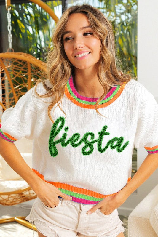BIBI FIESTA Tinsel Short Puff~Sleeve Sweater
