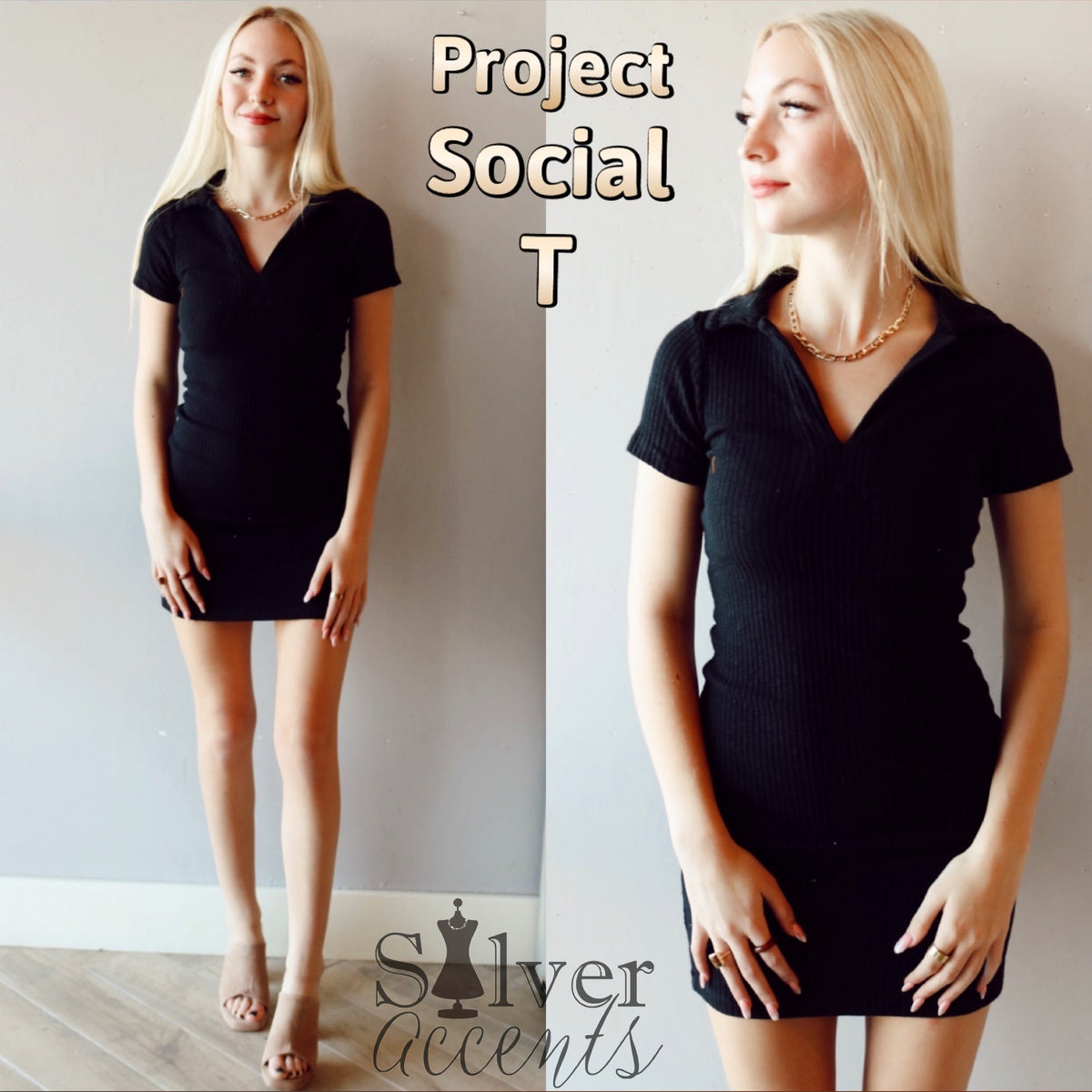 Project Social Intimates *PROJECT SOCIAL T You’re A Gem Collared RibKnit Dress – Silver Accents