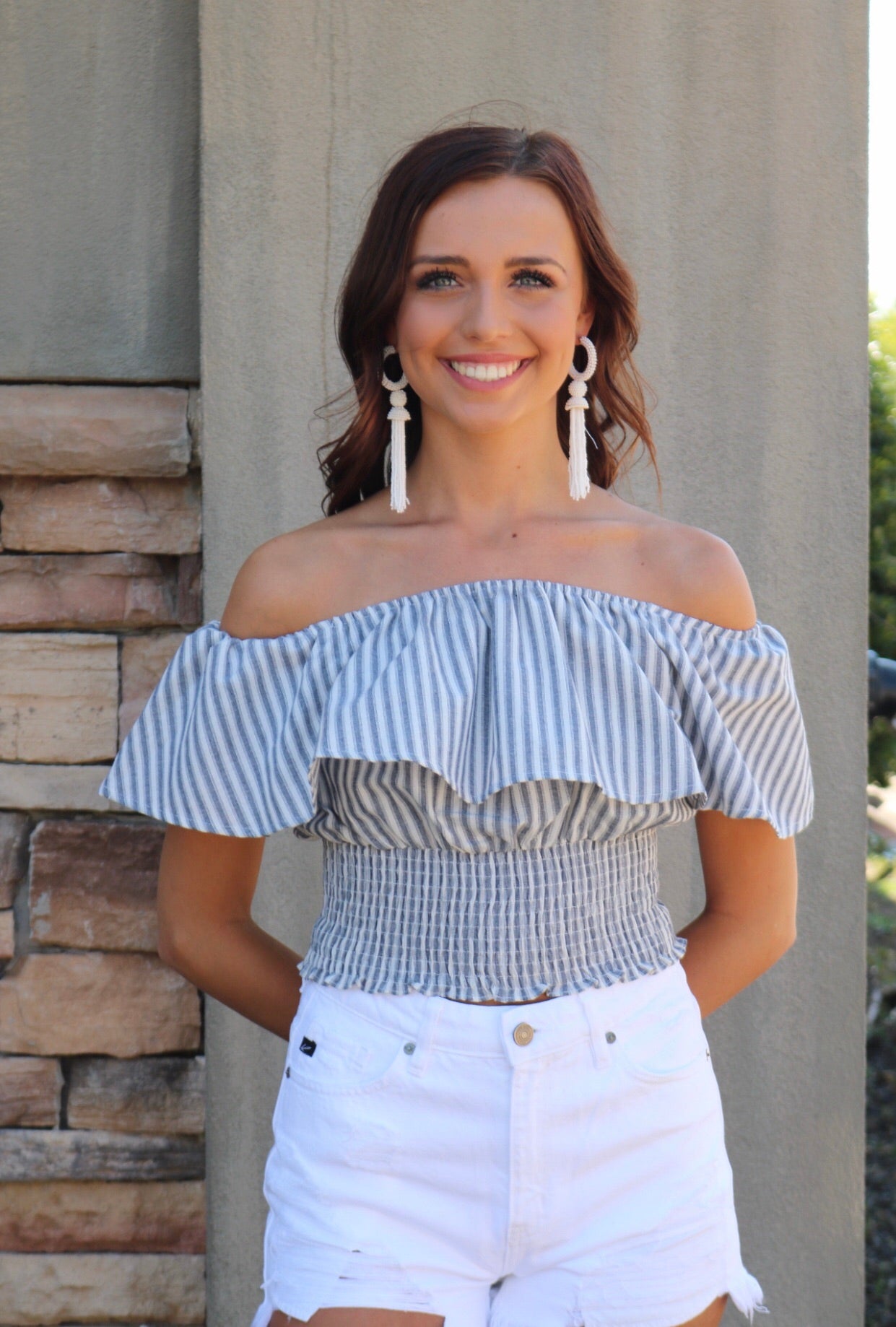 GAUNTLET Stripe Ruffled OffShoulder SmockBottom Woven Top