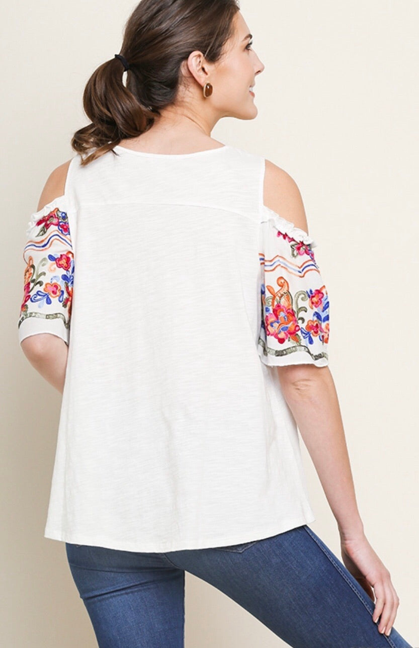 WONDERWALL Embroidered Floral Sleeve Cold Shoulder Knit Top