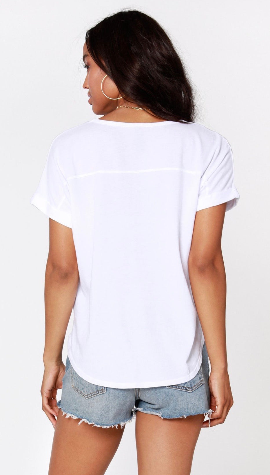 BOBI Lightweight Jersey MAYFAIR V-Neck RollSleeve RoundHem Top