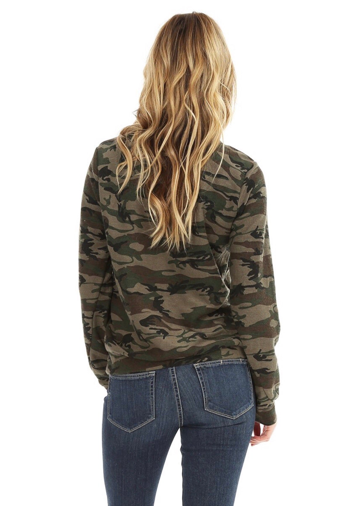 BOBI SAVAGE Text Camo Print Kanga Pocket Pullover Tunic Top