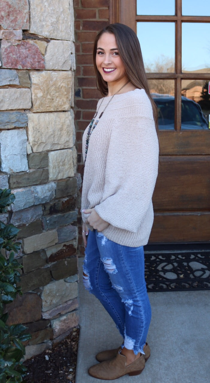 FIRESIDE OffShoulder/BoatNeck BubbleSleeve Knit Sweater Top