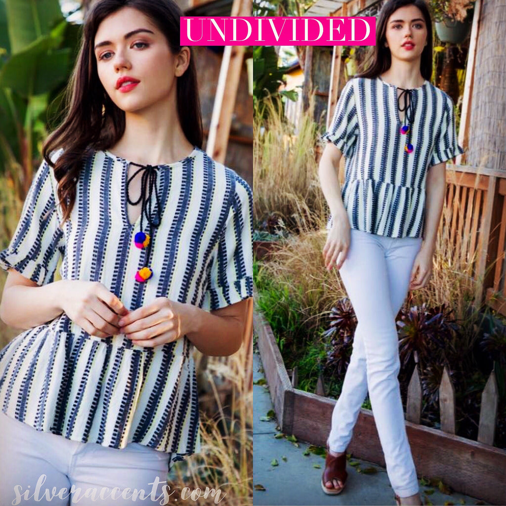 UNDIVIDED Stripe RuffleHem/Short Sleeve Pom TieNeck Top