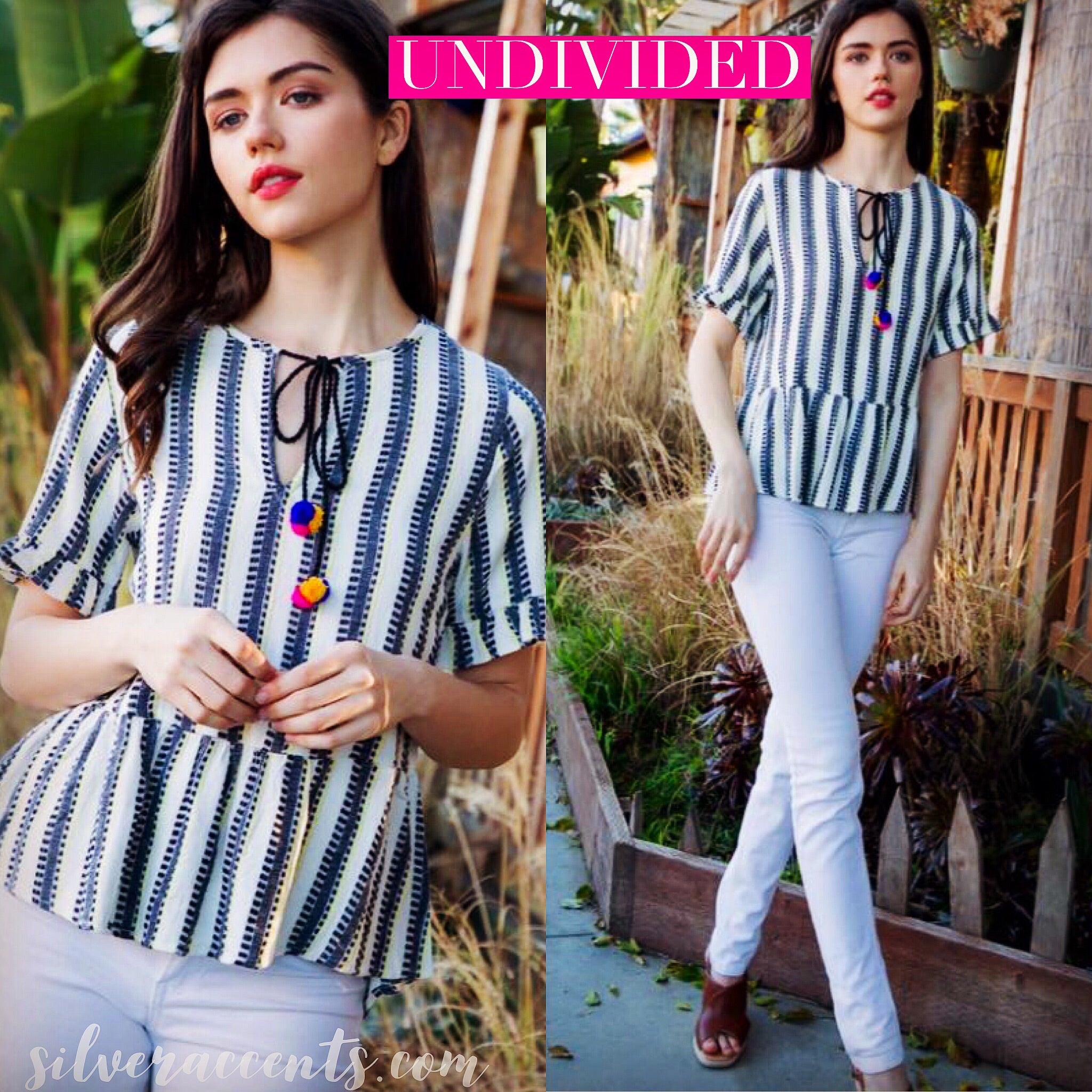 UNDIVIDED Stripe RuffleHem/Short Sleeve Pom TieNeck Top