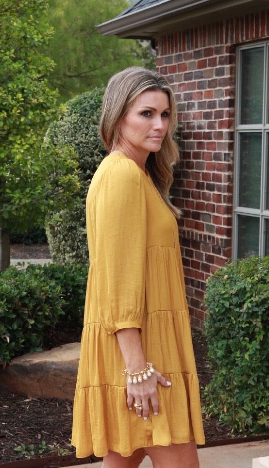 PYRAMID Tiered 3/4 Sleeve MatteSatin Dress