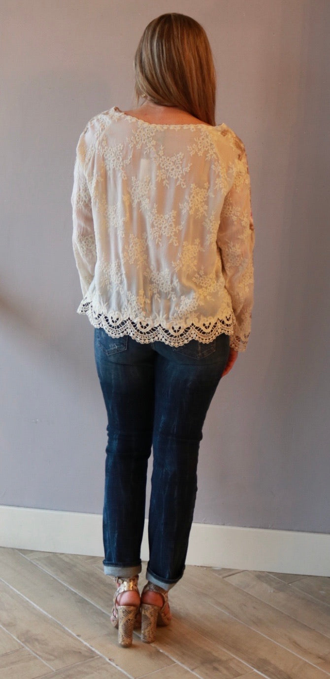 JOHNNY WAS COLLECTION Tonal Embroidered PAULINA Floral Sleeve LaceTrim Top