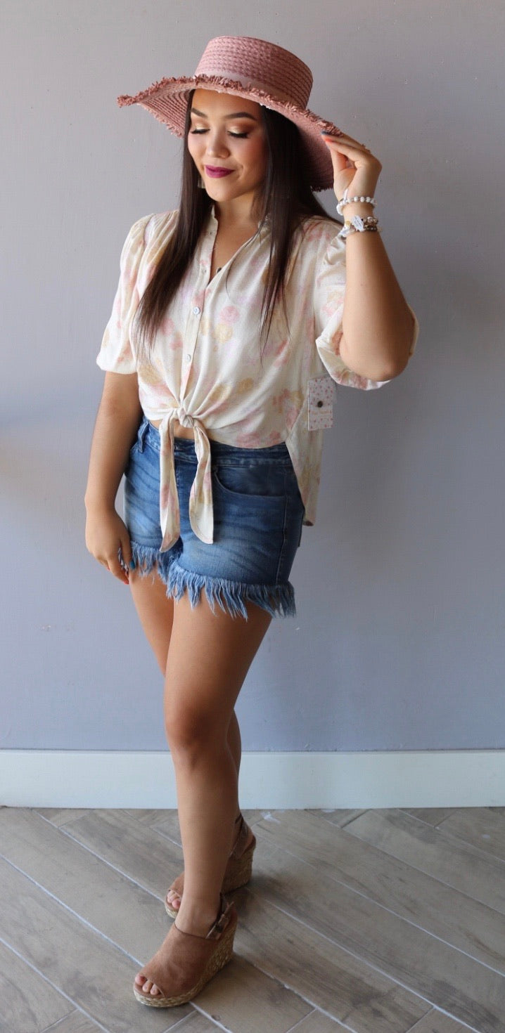 FREE PEOPLE Ivory CELIA Floral Print ButtonDown TieFront Top