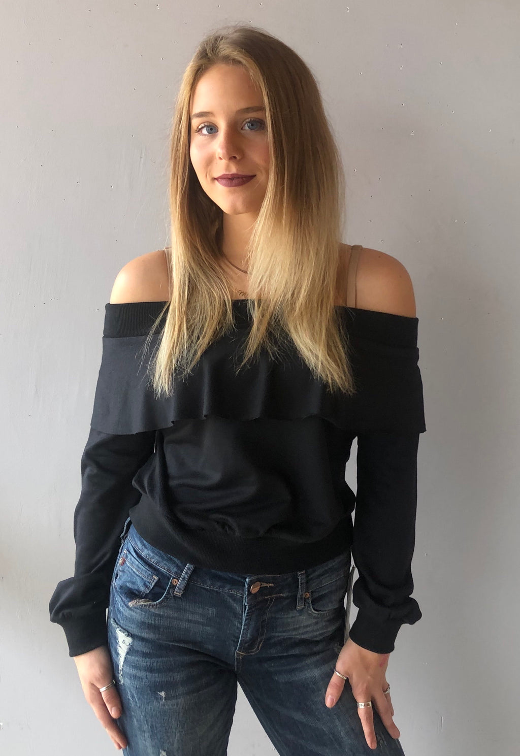 EASE Ruffled OffShoulder TerryKnit Top