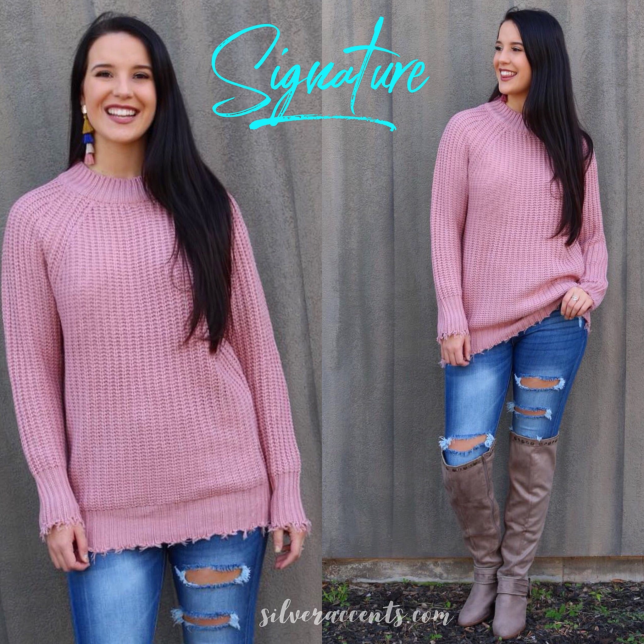 SIGNATURE Distressed RibKnit Tunic Sweater Top
