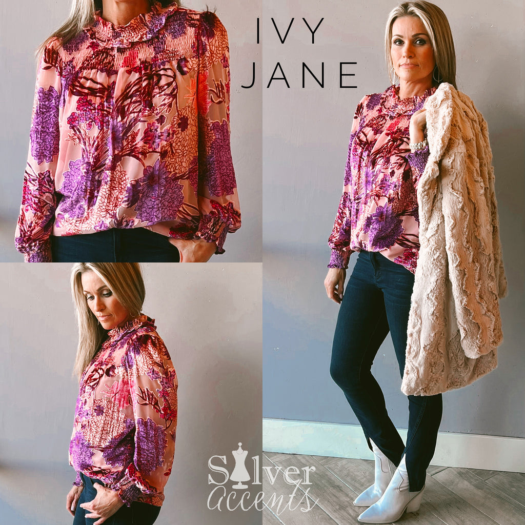 *IVY JANE Burn Out FROST Velvet Mock Neck Top