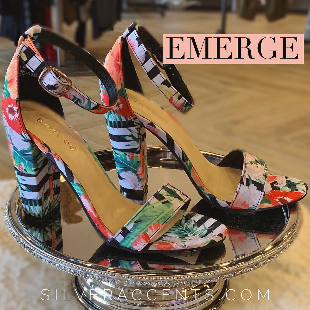 EMERGE Floral/Stripe AnkleStrap ChunkyHeel Sandal Shoe
