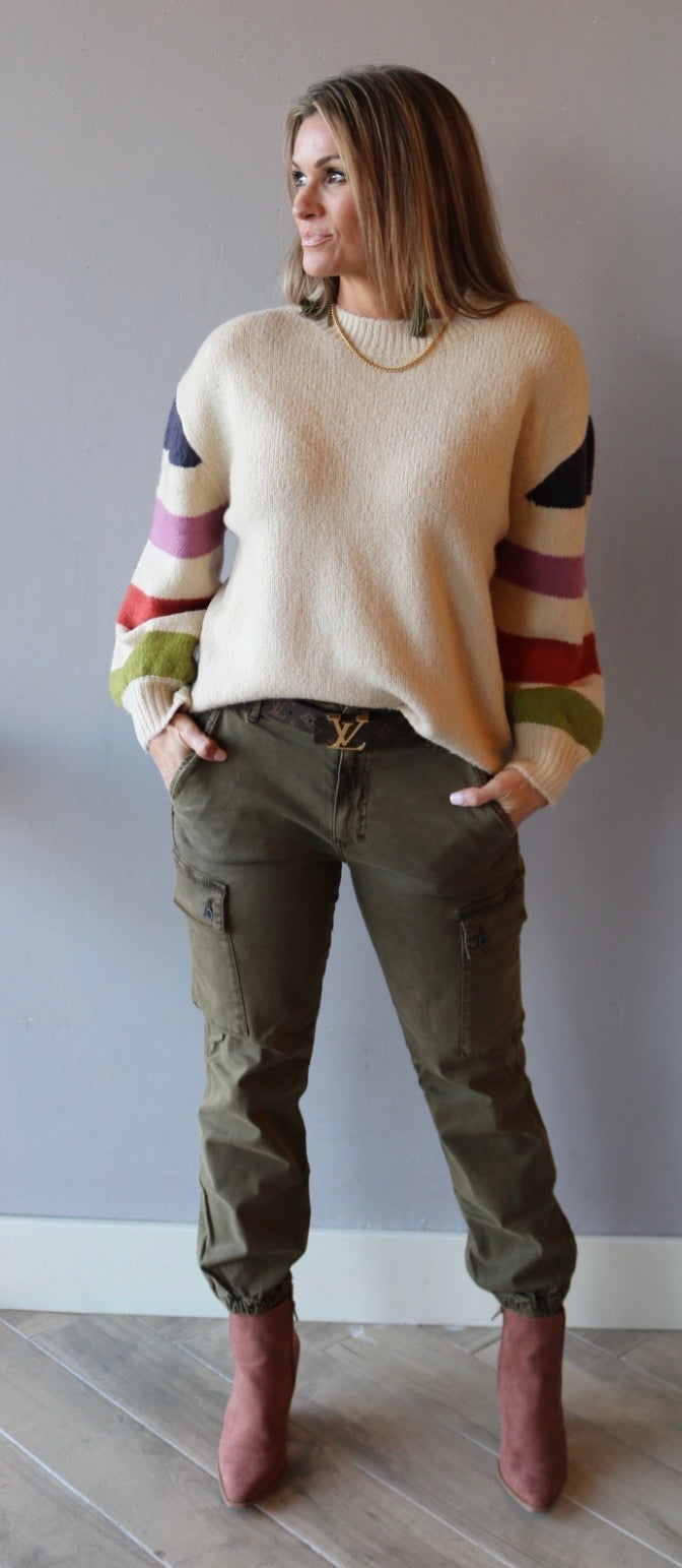 Lush ELECT Stripe Balloon Sleeve  Crew Neck Sweater