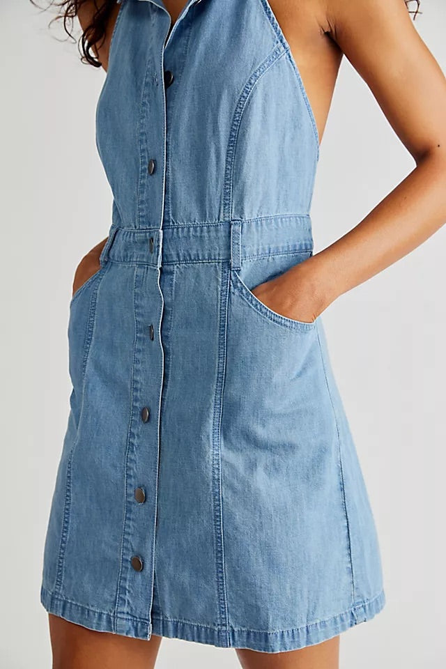 FREE PEOPLE Denim SAMI Mini Dress Silver Accents FREE PEOPLE Denim SAMI Mini Dress Silver Accents