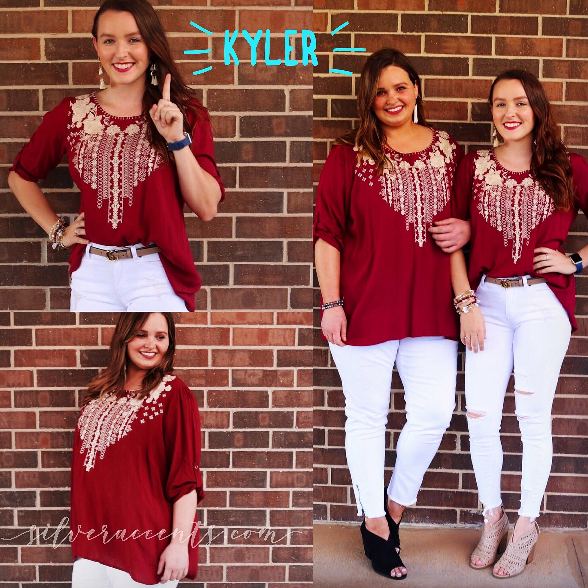 KYLER Embroidered Roll Sleeve Scoop Hem Top