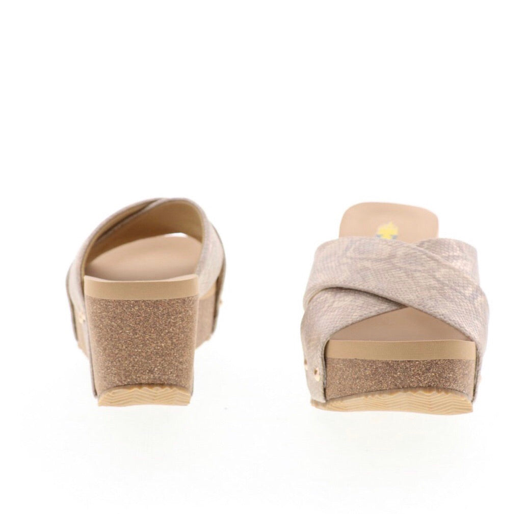 VOLATILE Gold RIVERSIDE Python Print CrissCross Wedge Sandal Shoe