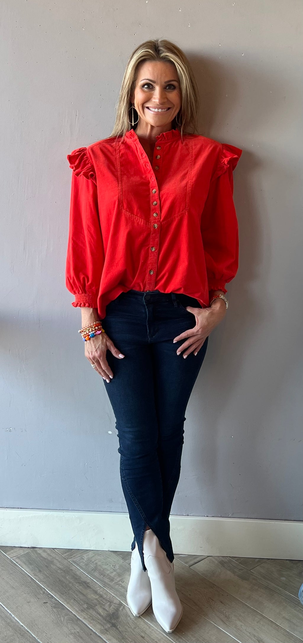 IVY JANE Corduroy FRIDAY Flounce~Shoulder ButtonDown Top