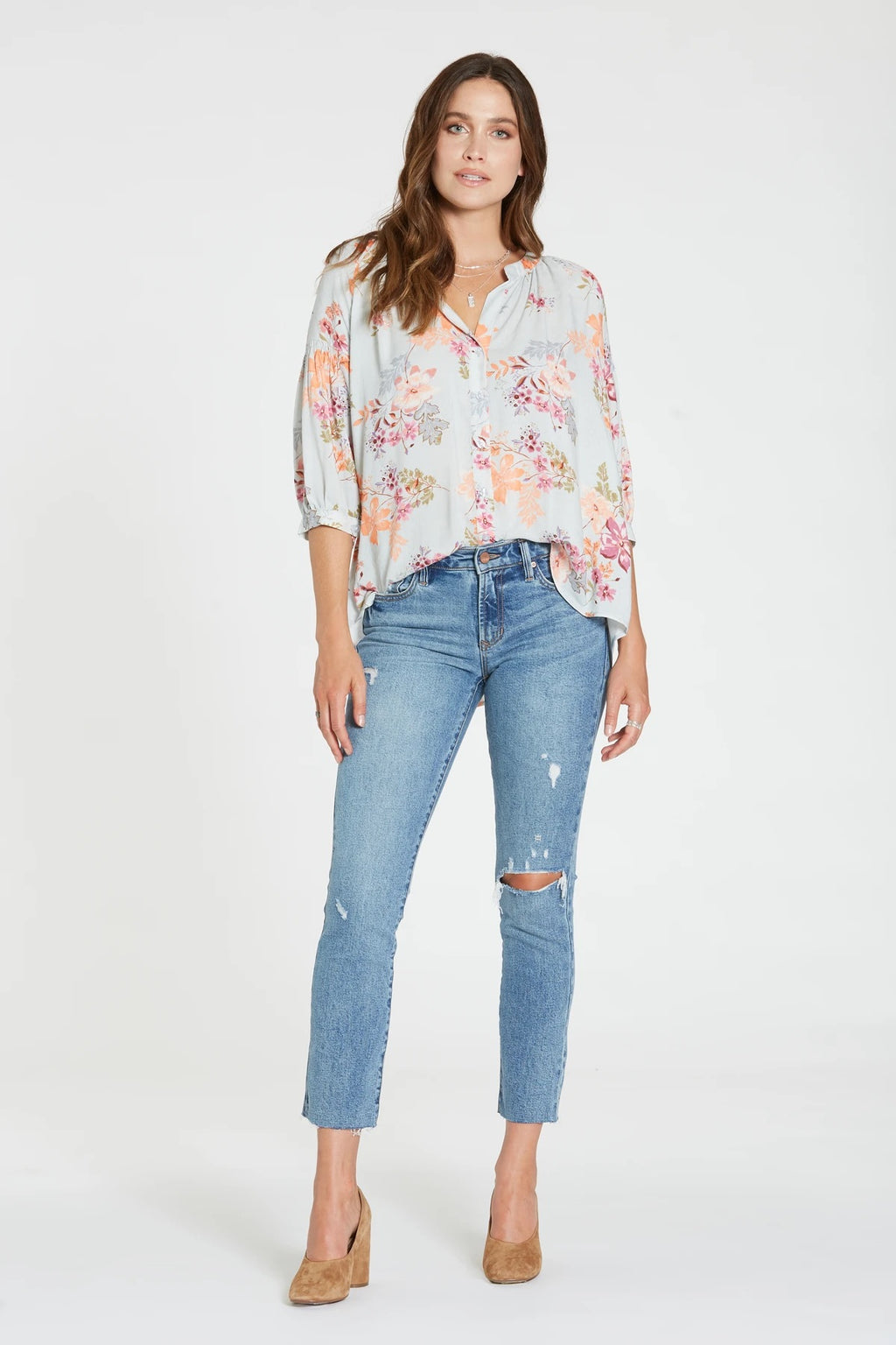 DEAR JOHN Floral AUDREY Balloon~Sleeve ButtonDown Top
