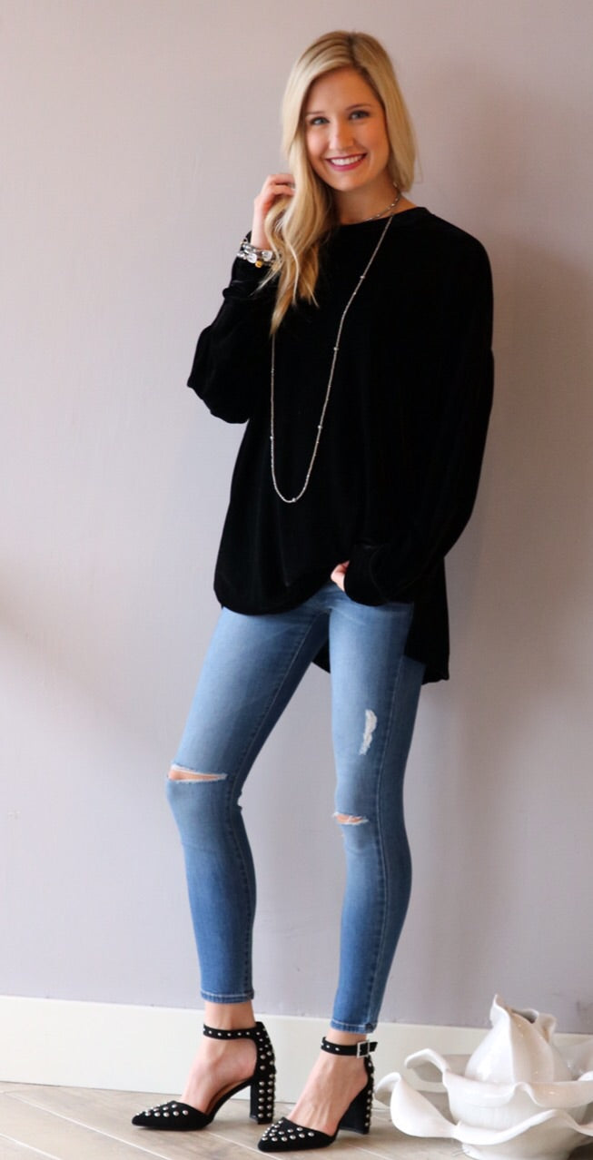 TOTAL ECLIPSE Velvet DropShoulder LongLeeve CrewNeck Top