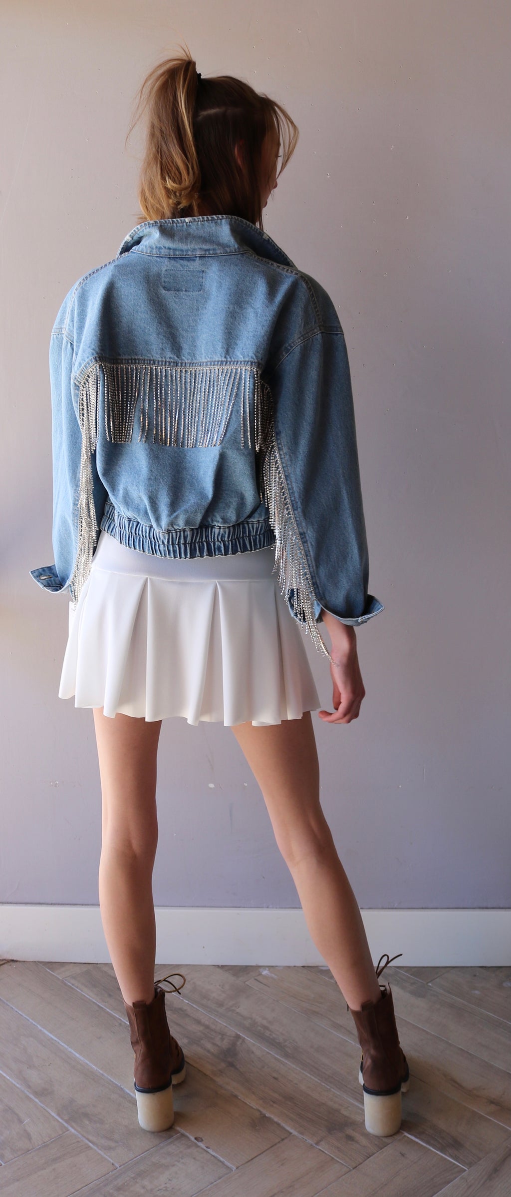 FREE PEOPLE Rhinestone Fringe COMET Denim Bomber Jacket