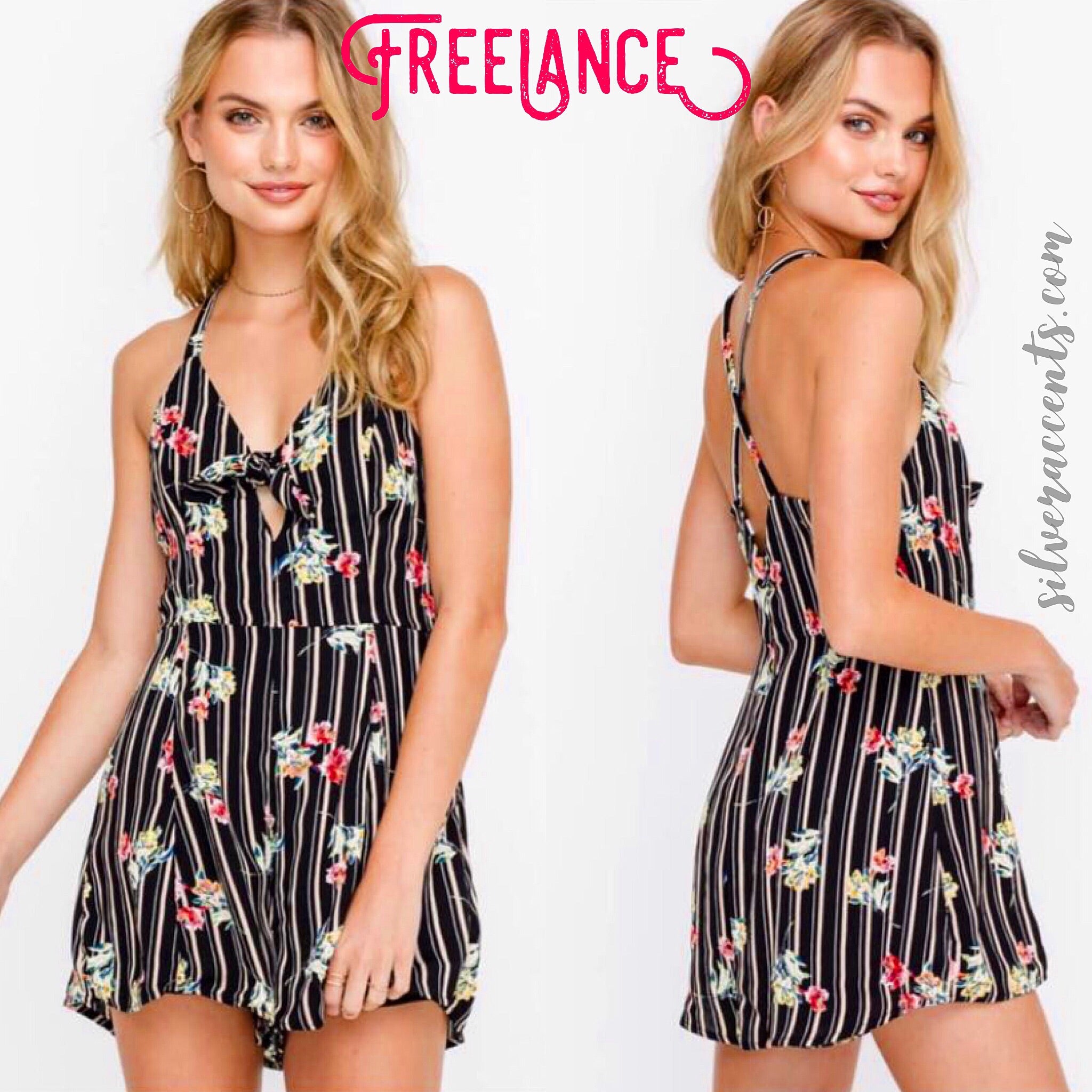 Blue Blush Stripe/Floral FREELANCE CrossBack Romper