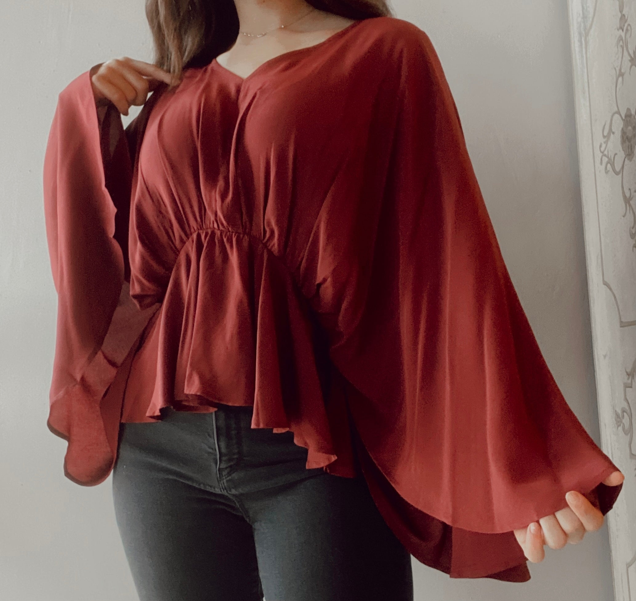 Restricted V-Neck Kimono Sleeve Top