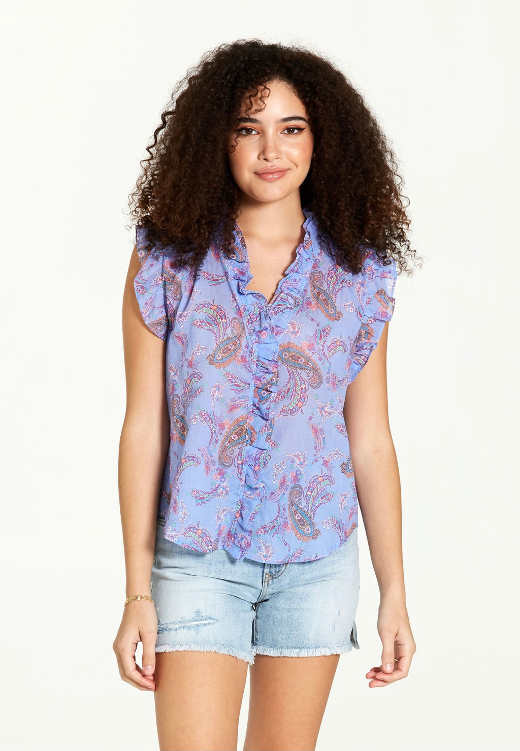 DEAR JOHN Paisley Print ELLIE Ruffled ButtonDown Top