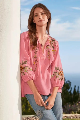 JOHNNY WAS Linen ACACIA Embroidered Peasant Blouse Top