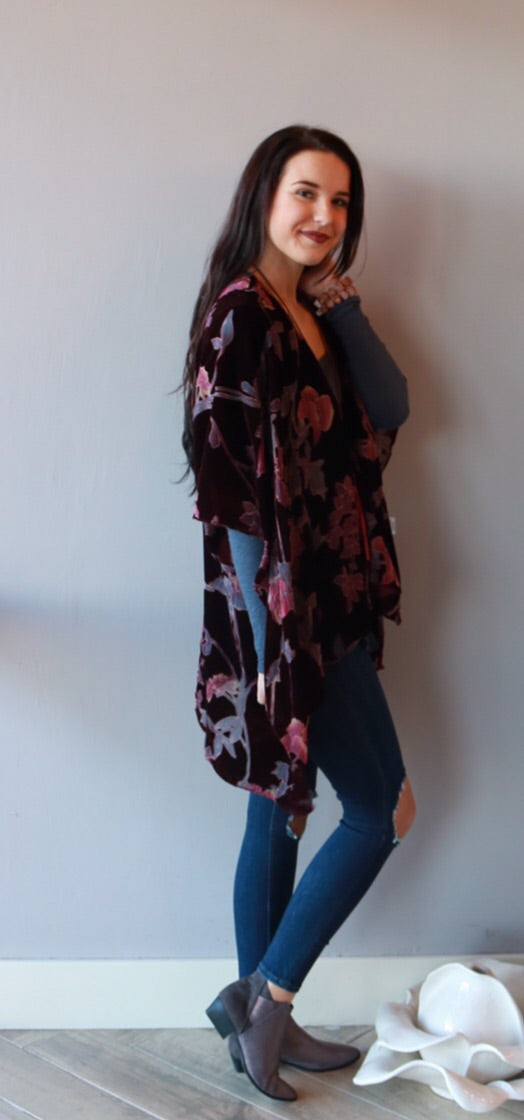 RODAN Burnout Velvet Floral Kimono Cardigan Top