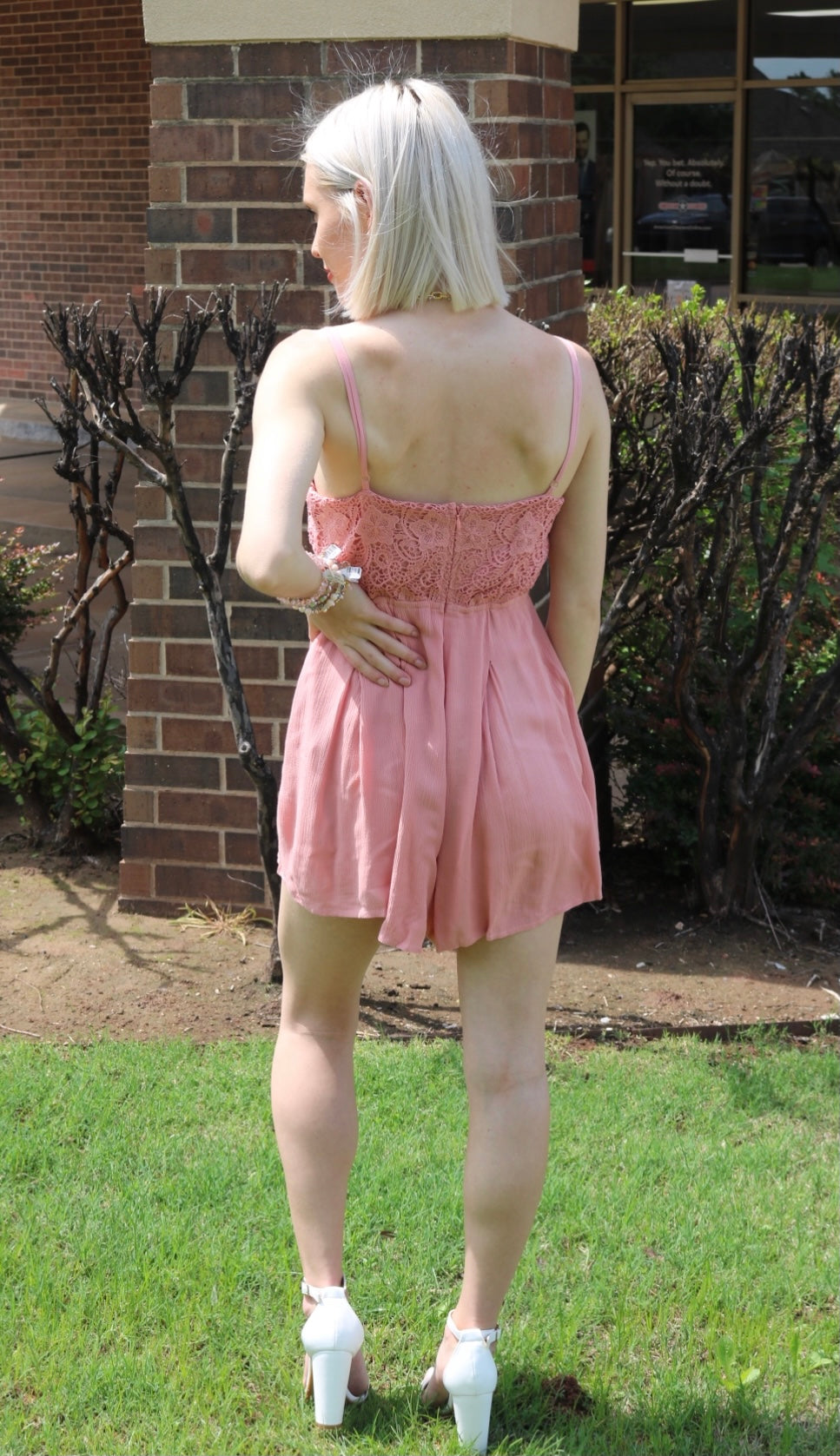 WISHLIST APPAREL OPTIC Lace Bodice Cross Back PleatShort Romper