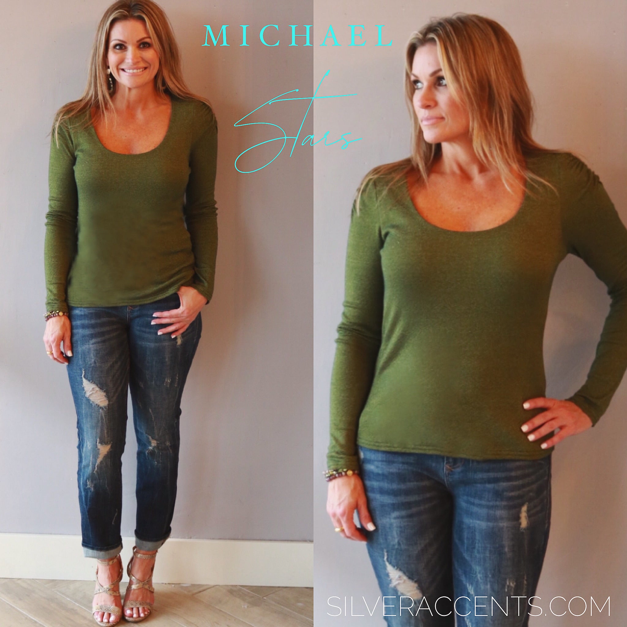 MICHAEL STARS RoucheSleeve BARBARA ScoopNeck ShineJersey Top